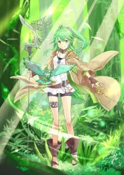 Rule 34 | 1girl, bird, black shorts, brown coat, choker, coat, collarbone, day, floating hair, forest, full body, green eyes, green hair, hair between eyes, hair ornament, high ponytail, highres, holding, holding staff, jewelry, long hair, looking at viewer, mizutama (mizutamalion), nature, necklace, open clothes, open coat, outdoors, ring, shirt, short shorts, shorts, sleeveless, sleeveless shirt, smile, solo, staff, standing, thighlet, tree, white shirt, winda priestess of gusto, yu-gi-oh!
