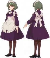 Rule 34 | 1girl, apron, arms at sides, blue dress, bow, brown eyes, clone, dress, dual persona, full body, green hair, hairband, lucille (wild arms), lucille (wild arms 5), maid, maid apron, maid headdress, necktie, official art, pantyhose, ribbon, sasaki tomomi, scan, scan artifacts, shoes, short hair, simple background, tomomi sasaki, white background, wild arms, wild arms 5