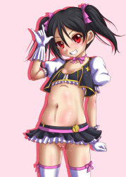 Rule 34 | 10s, 1girl, belt, black hair, cleft of venus, female focus, gloves, grin, hair ribbon, idol, love live!, love live! school idol project, m/, microskirt, miniskirt, navel, no panties, pink background, pussy, red eyes, ribbon, shadow, short hair, silhouette, simple background, skirt, smile, solo, standing, sweat, tenrai (temple), thighhighs, thighs, twintails, uncensored, vest, white gloves, white thighhighs, yazawa nico