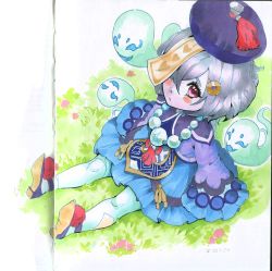 Rule 34 | 1girl, black footwear, black headwear, blue dress, blush, child, commentary, dress, english commentary, from above, genshin impact, ghost, hat, jacket, jiangshi, marker (medium), mixed-language commentary, pantyhose, philiera, photo (medium), purple eyes, purple jacket, qingdai guanmao, qiqi (genshin impact), russian commentary, shoes, short hair, sitting, tassel, traditional media, white pantyhose