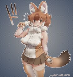 Rule 34 | 1girl, animal ears, bare shoulders, blush, bow, breasts, brown hair, covered erect nipples, dated, dhole (kemono friends), dog ears, dog girl, dog tail, extra ears, gloves, kemono friends, kemono friends 3, large breasts, looking at viewer, multicolored hair, no bra, nyororiso (muyaa), open mouth, plump, shirt, short hair, skirt, sleeveless, smile, solo, tail, thick thighs, thighs, two-tone hair, white hair
