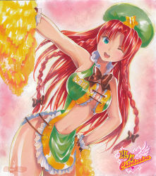 Rule 34 | 1girl, alternate costume, aqua eyes, bare arms, bare shoulders, beret, bow, bowtie, braid, breasts, brown bow, brown bowtie, cheerleader, clothing cutout, female focus, frills, gradient background, hair ribbon, hand on own hip, hat, hong meiling, large breasts, long hair, looking to the side, mayo riyo, midriff, navel cutout, neck ribbon, no panties, one eye closed, open mouth, outstretched arm, parted bangs, pom pom (cheerleading), red hair, ribbon, side slit, solo, touhou, tress ribbon, twin braids