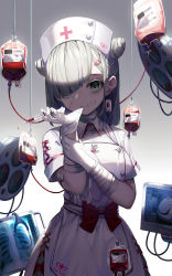 Rule 34 | 1girl, arm grab, bandaged arm, bandaged neck, bandages, blood, blue eyes, breasts, brown eyes, check copyright, copyright request, cowboy shot, gloves, gradient background, grey background, hair over one eye, hat, heterochromia, highres, holding, holding syringe, in mouth, large breasts, looking at viewer, medium hair, nurse, nurse cap, original, red ribbon, ribbon, short sleeves, solo, stitched face, stitches, suigetsu (hjs1106), syringe, white background, white gloves