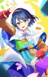 Rule 34 | 1girl, arm up, bag, belt, black belt, blue eyes, blue hair, blue hairband, blue sky, brown bag, buttons, cloak, cloud, cloud print, cloudy sky, collar, dress, fire, green dress, green hairband, hair between eyes, hairband, hand up, highres, jill 07km, long sleeves, looking to the side, multicolored clothes, multicolored dress, multicolored hairband, one-hour drawing challenge, open mouth, orange dress, orange hairband, orange sleeves, pink dress, pink hairband, pointing, puffy long sleeves, puffy sleeves, purple dress, purple hairband, rainbow order, red dress, red hairband, red sleeves, short hair, simple background, sky, sky print, smile, solo, tenkyuu chimata, touhou, white background, white cloak, yellow dress, yellow hairband, yellow sleeves