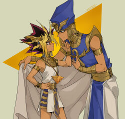 2boys absurdres ancient_egyptian ancient_egyptian_clothes ankh anklet atem blonde_hair blue_hat blue_robe dark-skinned_male dark_skin dyed_bangs eye_of_horus gold_anklet gold_armlet hat highres jewelry jingshen_fensui looking_at_another male_focus millennium_puzzle multicolored_hair multiple_boys pharaoh priest_seto robe saka_nagiya simple_background spiked_hair triangle_background two-tone_background white_robe yu-gi-oh! yu-gi-oh!_duel_monsters