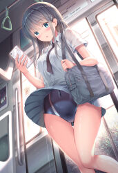 1girl :o bag black_hair black_one-piece_swimsuit blue_eyes blush breasts cellphone clothes_lift collared_shirt commentary_request competition_swimsuit covered_navel dress_shirt from_below grey_skirt hair_ornament hairclip hand_grip highres holding holding_phone long_hair looking_at_viewer looking_down medium_breasts one-piece_swimsuit original parted_lips phone pleated_skirt revision school_bag school_uniform shirakawako shirt short_sleeves skirt skirt_lift solo swimsuit swimsuit_under_clothes train_interior upskirt white_shirt