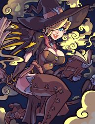 Rule 34 | 1girl, alternate costume, blonde hair, blue background, blue eyes, book, boots, breasts, broom, cleavage, elbow gloves, gloves, hair over one eye, hat, highres, lips, medium breasts, mercy (overwatch), overwatch, overwatch 1, short sleeves, smile, smoke, solo, starpyrate, thigh boots, thighhighs, thighs, witch hat, witch mercy
