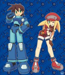 Rule 34 | 1boy, 1girl, android, armor, belt, bike shorts, bike shorts under shorts, blonde hair, blue armor, boots, brown gloves, brown hair, cabbie hat, commentary request, finger to mouth, full body, gloves, green eyes, grin, hat, highres, index finger raised, jumpsuit, long hair, looking at viewer, mega man (series), mega man legends (series), mega man volnutt, muu (mumumer), one eye closed, patterned background, red footwear, red jumpsuit, red shorts, roll caskett (mega man), shorts, smile