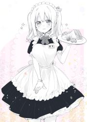 Rule 34 | 10s, 1girl, :d, alternate costume, apron, blush, cherry blossoms, enmaided, food, gloves, greyscale, hair ribbon, highres, kantai collection, kashima (kancolle), maid, maid apron, maid headdress, monochrome, name tag, open mouth, petals, plate, puffy short sleeves, puffy sleeves, ribbon, sandwich, short sleeves, sino (sionori), smile, solo