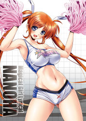 Rule 34 | 1girl, alternate costume, armpits, blue eyes, blush, breasts, cameltoe, character name, cheerleader, cosplay, gluteal fold, groin, hair ribbon, huge breasts, impossible clothes, itachou, long hair, lyrical nanoha, mahou shoujo lyrical nanoha, mahou shoujo lyrical nanoha strikers, midriff, navel, open mouth, pom pom (cheerleading), ribbon, skin tight, smile, solo, takamachi nanoha, twintails, very long hair