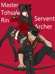 Rule 34 | 1boy, 1girl, aqua eyes, archer (fate), black footwear, black gloves, black hair, black hat, black pants, black ribbon, black shirt, black skirt, boots, bow (weapon), brown eyes, capelet, character name, fate/stay night, fate (series), fingerless gloves, gloves, hair ribbon, hat, hat over one eye, high heel boots, high heels, highres, holding, long hair, looking at viewer, miniskirt, open mouth, pants, red background, red shirt, ribbon, servant (fate), shirt, short hair, silver hair, sitting, sitting on person, skirt, tazoo (yuicc930), thigh boots, thighhighs, tohsaka rin, tongue, tongue out, twintails, very short hair, visor cap, weapon