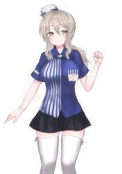 Rule 34 | 1girl, alternate costume, alternate hairstyle, black skirt, blue shirt, blush, breasts, brown eyes, collared shirt, employee uniform, grey hair, hair between eyes, harada (da1f20), hat, highres, kantai collection, large breasts, lawson, light brown hair, lips, long hair, looking at viewer, mini hat, miniskirt, name tag, pleated skirt, pola (kancolle), ponytail, shirt, short sleeves, simple background, skirt, solo, striped clothes, striped shirt, thighhighs, uniform, vertical-striped clothes, vertical-striped shirt, wavy hair, white background, white thighhighs