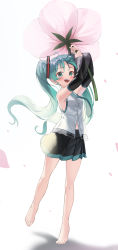 Rule 34 | 1girl, :d, absurdres, aqua hair, arms up, bare legs, barefoot, black sleeves, blush, breasts, commentary request, detached sleeves, flower, full body, hair ornament, hatsune miku, highres, holding, holding flower, kimyo, long hair, looking at viewer, miniskirt, necktie, open mouth, oversized flower, partially unbuttoned, pink flower, pleated skirt, shirt, skirt, sleeveless, sleeveless shirt, small breasts, smile, solo, standing, teeth, twintails, upper teeth only, very long hair, vocaloid