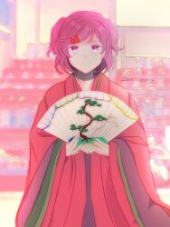 Rule 34 | 1girl, artist name, closed mouth, commentary, dated, doki doki literature club, doll, feet out of frame, folding fan, furisode, hair ornament, hair ribbon, hand fan, highres, hina ningyou, hinamatsuri, holding, holding fan, japanese clothes, kimono, leguma, long sleeves, looking at viewer, natsuki (doki doki literature club), own hands together, pink eyes, pink hair, red kimono, red ribbon, ribbon, shelf, short hair, signature, smile, solo, swept bangs, tree print, twitter username, two side up, wide sleeves, x hair ornament