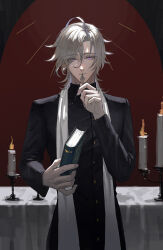 Rule 34 | 1boy, ahoge, bible (object), brown hair, candle, candlestand, cassock, egggg233333, henri lambert, highres, long sleeves, looking at viewer, male focus, monocle, piofiore no bansho, purple eyes, red background, rosary, short hair, solo, table