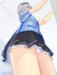 Rule 34 | 10s, 1girl, 2016, ama mitsuki, ass, blue eyes, ceiling, ceiling light, clerk, dated, employee uniform, kantai collection, kashima (kancolle), lawson, panties, pantyshot, shirt, silver hair, solo, standing, striped clothes, striped shirt, twintails, underwear, uniform, vertical-striped clothes, vertical-striped shirt, wavy hair, white panties