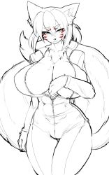 Rule 34 | 1girl, animal ears, blush, bodysuit, breasts, cameltoe, cleavage, facial mark, fox ears, fox tail, full-length zipper, furry, furry female, greyscale, highres, huge breasts, long hair, monochrome, multiple tails, no bra, solo, spot color, tail, thigh gap, unzipped, whisker markings, zipper