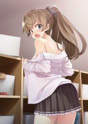 Rule 34 | 1girl, back, bare shoulders, blue eyes, blush, breasts, brown hair, brown skirt, eyelashes, frilled skirt, frills, hair ornament, head tilt, highres, indoors, kantai collection, kumano (kancolle), long hair, long sleeves, looking at viewer, looking back, medium breasts, mofu namako, open clothes, open mouth, pleated skirt, ponytail, shirt, shoulder blades, skirt, solo, standing, undressing, white shirt