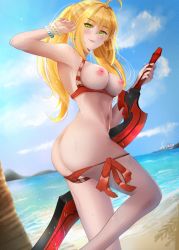 Rule 34 | 1girl, animated, animated gif, ass, bikini, blonde hair, blush, breasts, butt crack, fate/grand order, fate (series), green eyes, large breasts, long hair, navel, nero claudius (fate), nero claudius (fate) (all), nipples, side-tie bikini bottom, swimsuit, sword, twintails, weapon