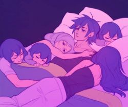 Rule 34 | 3boys, 3girls, annoyed, bed, blanket, blue hair, brother and sister, chrom (fire emblem), dark background, dual persona, family, father and daughter, father and son, fire emblem, fire emblem awakening, hollyfig, husband and wife, lucina (fire emblem), morgan (fire emblem), morgan (male) (fire emblem), mother and daughter, mother and son, multiple boys, multiple girls, nintendo, pillow, robin (female) (fire emblem), robin (fire emblem), short hair, siblings, silver hair, sleeping