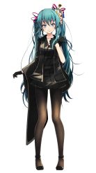Rule 34 | 1girl, asymmetrical sleeves, black gloves, black kimono, black pantyhose, blue eyes, blue hair, blush, collarbone, earrings, full body, gloves, hair ornament, hair ribbon, hairpin, hatsune miku, highres, japanese clothes, jewelry, kimono, long hair, looking at viewer, pantyhose, project diva (series), red ribbon, ribbon, shiny clothes, shiny legwear, short kimono, simple background, smile, solo, tsukishiro saika, uneven sleeves, very long hair, vocaloid, white background, wide sleeves