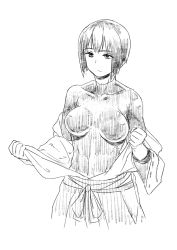 Rule 34 | 10s, 1girl, :/, breasts, collarbone, cowboy shot, expressionless, greyscale, hyuuga (kancolle), kantai collection, latex, medium breasts, monochrome, nathaniel pennel, ribbon, sash, short hair, simple background, skin tight, skirt, solo, undressing, upper body, white background