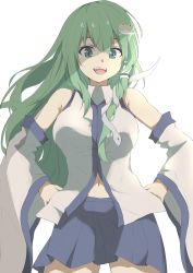 Rule 34 | 1girl, :d, absurdres, bare shoulders, blue skirt, breasts, commentary, cowboy shot, detached sleeves, eyebrows hidden by hair, frog hair ornament, glint, green eyes, green hair, hair between eyes, hair ornament, hair tubes, hands on own hips, highres, kochiya sanae, kogane ringo, large breasts, long hair, long sleeves, looking down, miniskirt, navel, open mouth, pleated skirt, sidelocks, simple background, skirt, smile, snake hair ornament, solo, teeth, touhou, upper teeth only, very long hair, white background, wide sleeves