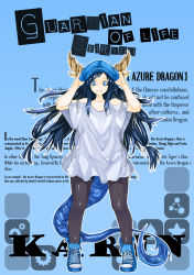 Rule 34 | 1girl, alternate costume, bad id, bad pixiv id, bare shoulders, black pantyhose, blue background, blue eyes, blue footwear, blue hair, blue hat, character name, character profile, collarbone, dragon girl, dragon horns, dragon tail, dress, english text, hair ribbon, hand on headwear, hands on headwear, hat, horns, karin (p&amp;d), long hair, looking at viewer, matching hair/eyes, open mouth, outline, pantyhose, puzzle &amp; dragons, ribbon, shoelaces, shoes, short sleeves, sneakers, solo, tail, text focus, white dress, white ribbon, zutta