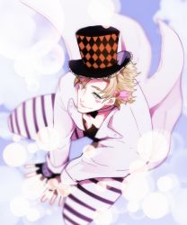 Rule 34 | 1boy, bad id, bad pixiv id, blonde hair, caesar anthonio zeppeli, facial mark, fingerless gloves, from above, gloves, green eyes, hat, jojo no kimyou na bouken, male focus, pants, sajijas, solo, striped clothes, striped pants, top hat