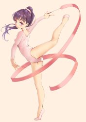 Rule 34 | 1girl, arm up, ballet slippers, blush, breasts, eyeliner, fingernails, funyariko, groin, gymnastics, hair ornament, hair scrunchie, high ponytail, highres, holding, leg up, leotard, long hair, long sleeves, looking at viewer, looking back, makeup, nail polish, original, outstretched arms, pink leotard, pink nails, ponytail, purple eyes, purple hair, rhythmic gymnastics, ribbon baton, scrunchie, simple background, small breasts, smile, solo, spread arms, spread legs, standing, standing on one leg, tiptoes, twisted torso