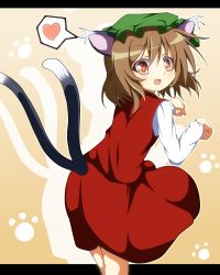 Rule 34 | 1girl, animal ears, brown eyes, brown hair, cat ears, cat girl, cat tail, chen, do (4-rt), fang, female focus, hat, heart, highres, letterboxed, long sleeves, looking back, multiple tails, nekomata, open mouth, paw pose, paw print, shirt, short hair, skirt, skirt set, smile, solo, spoken heart, tail, touhou, vest