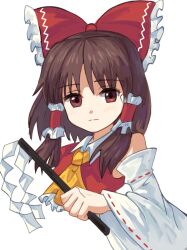 Rule 34 | 1girl, ascot, bare shoulders, bow, brown eyes, brown hair, closed mouth, commentary request, cropped torso, frilled ascot, frilled bow, frilled hair tubes, frills, gohei, hair bow, hair tubes, hakurei reimu, highres, holding, holding gohei, long sleeves, looking at viewer, medium hair, plus2sf, red bow, red shirt, revision, ribbon-trimmed sleeves, ribbon trim, shirt, sidelocks, sleeveless, sleeveless shirt, solo, touhou, white sleeves, wide sleeves, yellow ascot