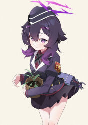 Rule 34 | 1girl, absurdres, black hat, black jacket, black skirt, blue archive, blush, closed mouth, collared shirt, feet out of frame, garrison cap, hair between eyes, haruka (blue archive), hat, highres, jacket, juliet sleeves, long sleeves, medium hair, plant, pleated skirt, potted plant, puffy sleeves, purple eyes, purple hair, red shirt, shirt, skirt, solo, wako (1194433260)