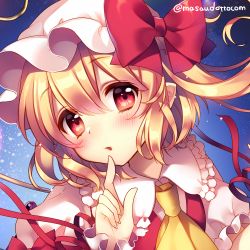 Rule 34 | 1girl, ascot, blonde hair, blue background, blush, bow, flandre scarlet, frills, gradient background, hat, hat bow, looking at viewer, masaru.jp, mob cap, open mouth, pointy ears, ponytail, puffy sleeves, red eyes, ribbon, short hair, short sleeves, side ponytail, simple background, solo, touhou, twitter username, upper body, vest, wings, wrist cuffs