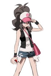 1girl antenna_hair bag baseball_cap betti_(xx_betti) black_vest brown_hair closed_mouth creatures_(company) exposed_pocket game_freak hand_on_headwear hand_up hat highres hilda_(pokemon) holding holding_poke_ball long_hair nintendo open_clothes open_vest pink_bag poke_ball poke_ball_(basic) pokemon pokemon_bw shaded_face shirt short_shorts shorts shoulder_bag sidelocks sleeveless sleeveless_shirt smile solo vest white_hat white_shirt