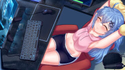 Rule 34 | 1girl, animal ears, belly, blue hair, cellphone, chiaki katsumi, closed eyes, commission, desk, fake animal ears, hair ornament, hairclip, highres, keyboard (computer), microphone, microphone stand, monitor, mouse (computer), navel, phone, pixellink, shirt, shorts, stretching, thighs, virtual youtuber, wallpaper