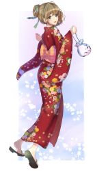 Rule 34 | 1girl, :d, blue eyes, brown hair, floral print, from side, full body, green eyes, green ribbon, hair ribbon, heterochromia, highres, holding, idolmaster, idolmaster cinderella girls, japanese clothes, kimono, long sleeves, mole, mole under eye, nyome991, obi, open mouth, print kimono, red kimono, ribbon, sash, short hair, smile, solo, takagaki kaede, wide sleeves