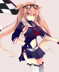 Rule 34 | 1girl, adapted costume, black leotard, black skirt, breasts, brown background, brown eyes, checkered clothes, checkered flag, clothing cutout, cowboy shot, eyewear on head, flag, hair flaps, heterochromia, highres, hirune (konekonelkk), kantai collection, large breasts, leotard, light brown hair, long hair, long sleeves, murasame (kancolle), murasame kai ni (kancolle), navel, navel cutout, neckerchief, official alternate costume, pleated skirt, race queen, red eyes, red neckerchief, sailor collar, simple background, skirt, solo, standing, sunglasses, thighhighs, twintails, umbrella, white sailor collar, white thighhighs