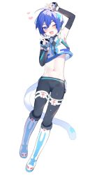 Rule 34 | 1boy, androgynous, arm up, armpits, bare shoulders, black pants, blue eyes, blue footwear, blue hair, blue nails, boots, commentary, crop top, detached sleeves, double v, fang, full body, heart, highres, kaito (vocaloid), knee boots, male focus, midriff, mogu (wy5xrt7w), navel, neko cyber (module), one eye closed, open mouth, pants, project diva (series), shadow, shirt, short hair, sidelocks, simple background, skin fang, sleeveless, sleeveless shirt, sleeves past wrists, solo, stomach, tail, thigh strap, two-tone footwear, v, vocaloid, white background, white footwear, white tail