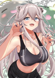 Rule 34 | 1girl, absurdres, ahoge, animal ears, bare shoulders, black nails, blue eyes, blush, breasts, chain, claw pose, cleavage, cowboy shot, crop top, ear piercing, fangs, fingernails, grey eyes, grey hair, hair between eyes, hands up, highres, hololive, kaigan, large breasts, leaning forward, lion ears, lion girl, long bangs, long fingernails, long hair, messy hair, midriff, nail polish, navel, nepolabo, open mouth, piercing, shishiro botan, shishiro botan (button-down), sidelocks, smile, sports bra, taut clothes, very long hair, virtual youtuber
