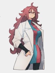 Rule 34 | 1girl, android 21, checkered clothes, checkered dress, closed mouth, dragon ball, dragon ball fighterz, dress, earrings, glasses, grey background, hair between eyes, hoop earrings, jewelry, kemachiku, lab coat, long hair, looking at viewer, red eyes, red hair, simple background, solo