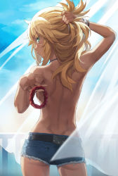 Rule 34 | 1girl, ass, back, belt, blonde hair, blue shorts, blue sky, blush, bracelet, breasts, butt crack, curtains, cutoffs, denim, denim shorts, eyes visible through hair, fate/apocrypha, fate (series), green eyes, highres, holding, holding own hair, jewelry, looking at viewer, looking back, medium hair, micro shorts, mordred (fate), mordred (fate/apocrypha), necklace, scrunchie, short shorts, shorts, sidelocks, sky, solo, tonee, topless, tying hair, upper body