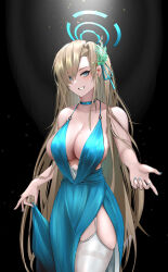 Rule 34 | 1girl, absurdres, asuna (blue archive), bare arms, bare shoulders, blonde hair, blue archive, blue choker, blue dress, blue eyes, blue ribbon, choker, commentary request, cowboy shot, dress, earrings, grin, hair ornament, hair ribbon, highres, hoop earrings, jewelry, kabotoz, long hair, looking at viewer, ribbon, sleeveless, sleeveless dress, smile, solo, standing, thighhighs, thighs, very long hair, white thighhighs