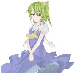 Rule 34 | 1girl, absurdres, ascot, blouse, bow, collarbone, daiyousei, dress shirt, fairy wings, green eyes, green hair, hair ribbon, highres, looking at viewer, matching hair/eyes, puffy short sleeves, puffy sleeves, ribbon, shirt, short hair, short sleeves, side ponytail, simple background, solo, touhou, vest, white background, white shirt, wings, yellow bow