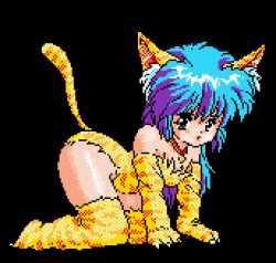 Rule 34 | 1girl, all fours, animal ears, animal hands, artist request, black background, blue hair, cat ears, cat girl, cat tail, collar, gloves, grey eyes, leotard, long hair, looking at viewer, lowres, open mouth, paw gloves, striped clothes, striped gloves, striped leotard, striped thighhighs, tail, thighhighs, yellow gloves, yellow leotard, yellow thighhighs