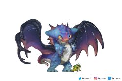 Rule 34 | alternate size, back fin, bioluminescence, chibi, colored sclera, dragon, dragon tail, fins, glowing, highres, monster, monster hunter, monster hunter: world, monster hunter (series), namielle, no humans, open mouth, paratoad, procreate (medium), red sclera, size comparison, size difference, spread wings, tail, toad (animal), webbed hands, white background, xezeno, yellow sclera