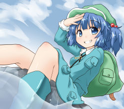 Rule 34 | 1girl, backpack, bag, blue eyes, blue hair, blue sky, boots, cloud, day, grin, hair bobbles, hair ornament, hand on own head, hat, kawashiro nitori, key, looking at viewer, matching hair/eyes, natsu no koucha, rock, short hair, sitting, sitting on rock, skirt, sky, smile, solo, touhou, twintails, two side up, water