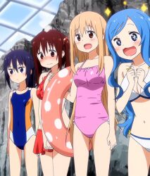 Rule 34 | + +, 4girls, arms up, bikini, blonde hair, blue eyes, blue hair, blush, breasts, brown eyes, brown hair, closed mouth, collarbone, doma umaru, dot nose, ebina nana, female focus, happy, himouto! umaru-chan, indoors, innertube, legs, long hair, medium hair, motoba kirie, multiple girls, navel, one-piece swimsuit, open mouth, school swimsuit, small breasts, sparkle, standing, stitched, swim ring, swimsuit, tachibana sylphynford, third-party edit