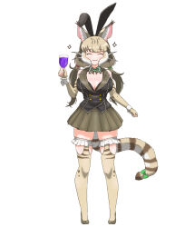 Rule 34 | 1girl, alcohol, animal ears, bunny garden, cat ears, cat girl, cat tail, cup, elbow gloves, extra ears, fingerless gloves, full body, gloves, grey hair, haro (halo kabe), highres, holding, holding cup, jacket, jungle cat (kemono friends), kemono friends, kemono friends v project, long hair, looking at viewer, microphone, parody, rabbit ears, ribbon, shoes, simple background, skirt, sleeveless, solo, tail, thighhighs, twintails, virtual youtuber