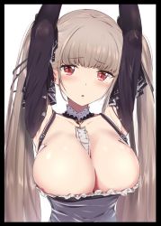 Rule 34 | 1girl, :o, arms up, azur lane, bare shoulders, between breasts, black dress, blush, border, breasts, cleavage, dress, formidable (azur lane), frilled dress, frills, frown, hair ornament, hair ribbon, highres, jewelry, large breasts, light brown hair, long hair, long sleeves, looking at viewer, mattyazuki, red eyes, ribbon, simple background, solo, twintails, white background